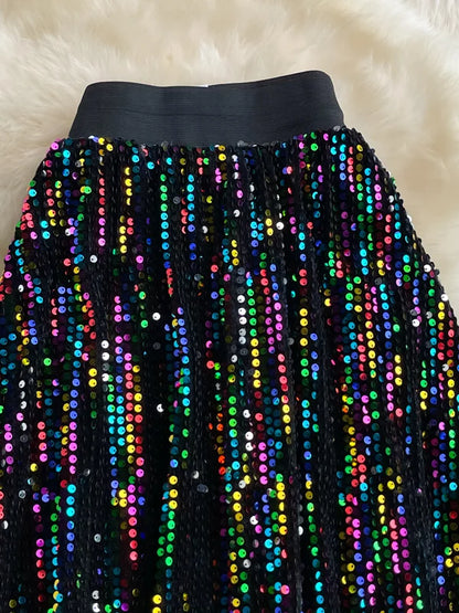 Spring Autumn Korean Sle High Waist Slimming Midi Length Knee-Over A-Line Skirt Faionable Elastic Waist iny Sequins Ful...