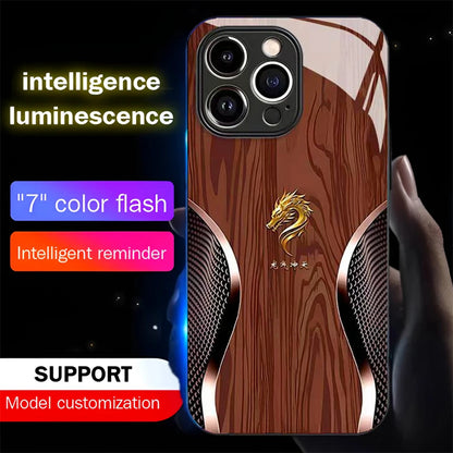 Wood Grain Dragon Emblem Sound Control LED Flash Cases Luminous Glass Cover For XiaoMi 15 14 13 12 11 Pro Ultra