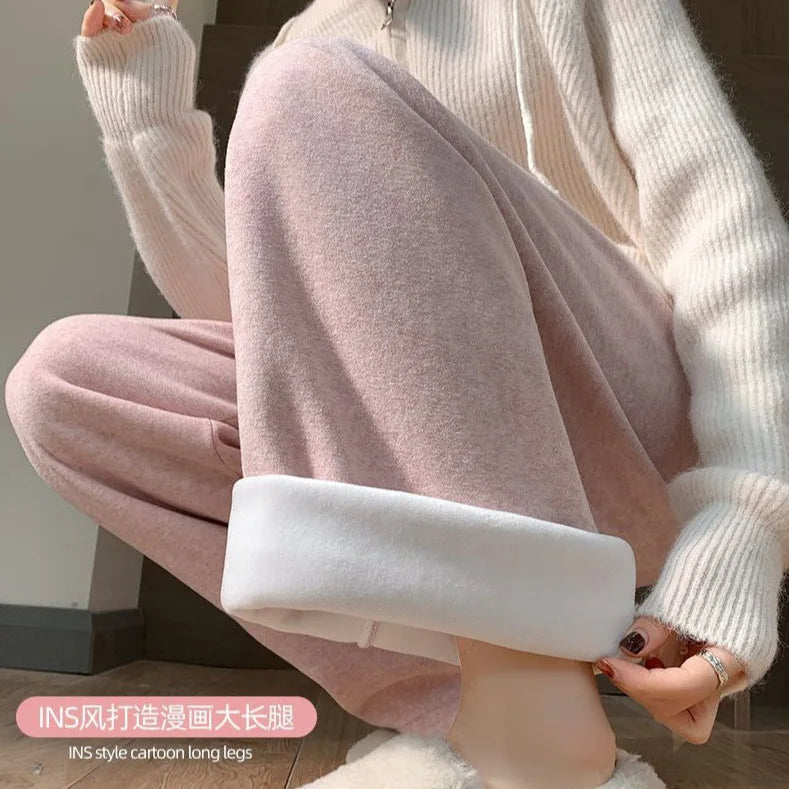 2025Hot Fleece Woman Pants Winter Elastic Waist Warm Leggings Solid Casual Thicken High Waist Straight Comfort Wide Leg Trousers