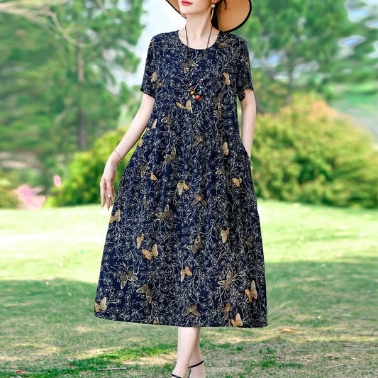 2025 New Arrival Loose Summer Dresses For Women Fashion Printing Floral Vintage Dress Plus Size Women Casual  Dress