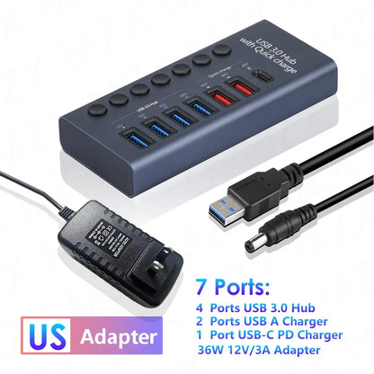 10 7 4 Port USB Hub 3.0 Aluminum A 3 0 Multi-hub Splitter Concentrator Multiple Extension Dock with Switch Adapter for PC Laptop