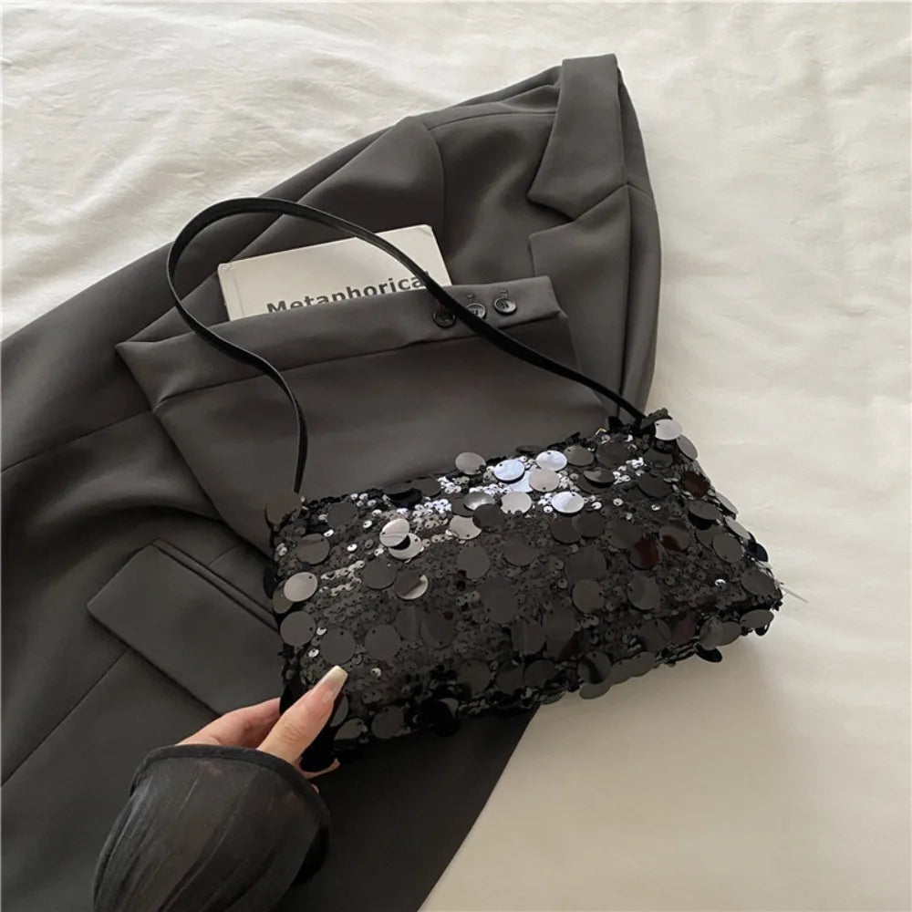 Fashion Lightweight Sequin Shoulder Bags Solid Color Large Capacity Underarm Bag Evening Party Tote Bag Women