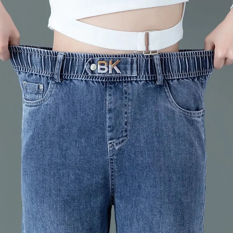 Blue high waisted Elastic jeans Women's clothing 2025 Spring Autumn New Loose Straight leg Pants Casual Denim Wide leg pants