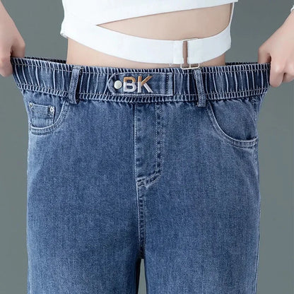 Blue high waisted Elastic jeans Women's clothing 2025 Spring Autumn New Loose Straight leg Pants Casual Denim Wide leg pants