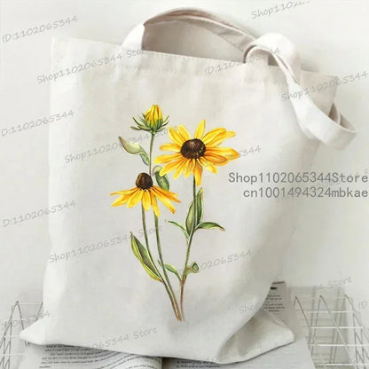 Fashion Canvas Tote Bag Oil Painting Wildflowers Print Lady Shoulder Shopping Bag Plant Style Daisy Vintage Flower Women Handbag