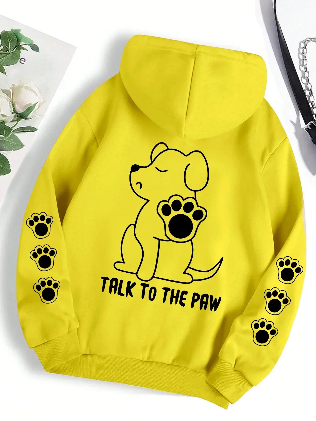 Talk To The Paw Funny Dog Cartoon Print Hoodie Women Warm Fleece Hoody Fashion Casual Hooded Autumn Loose Round Neck Woman Tops