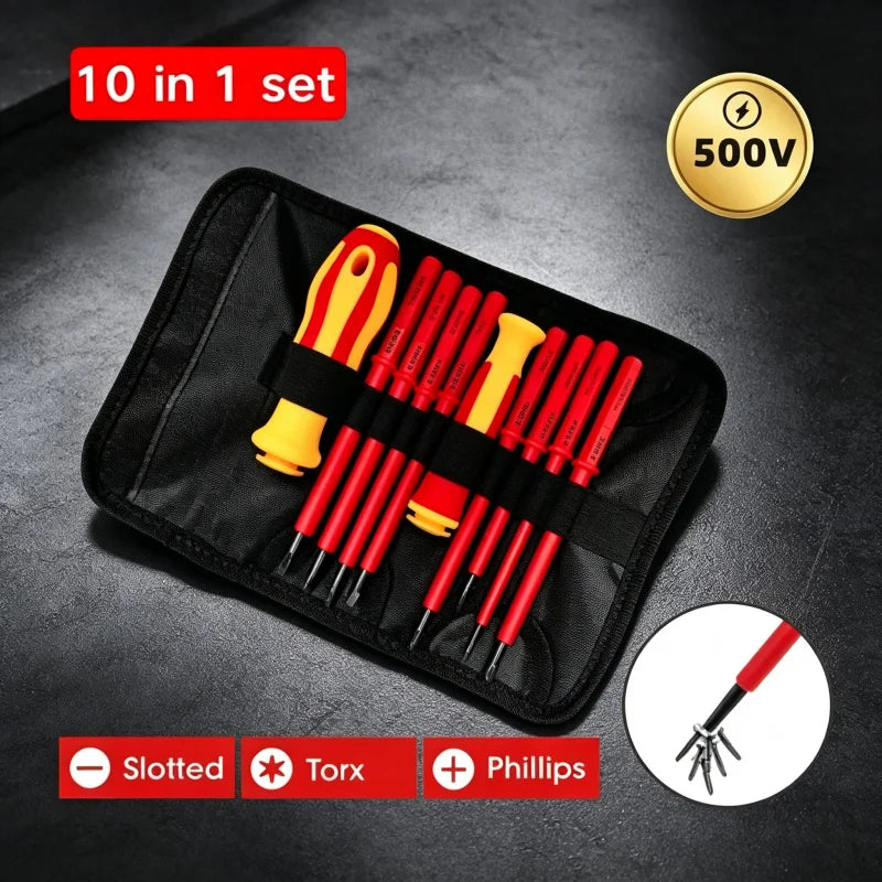 10-in-1 500V Insulated Screwdriver Set with Case Interchangeable Blades Magnetic High Hardness Home Electrician Repair Tools