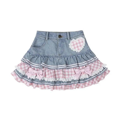 Preppy Style Lolita Kawaii Skirts Japanese Sweet Mini Women Harajuku Cute Ball Denim Y2K High Waist Lace Cake Skirts