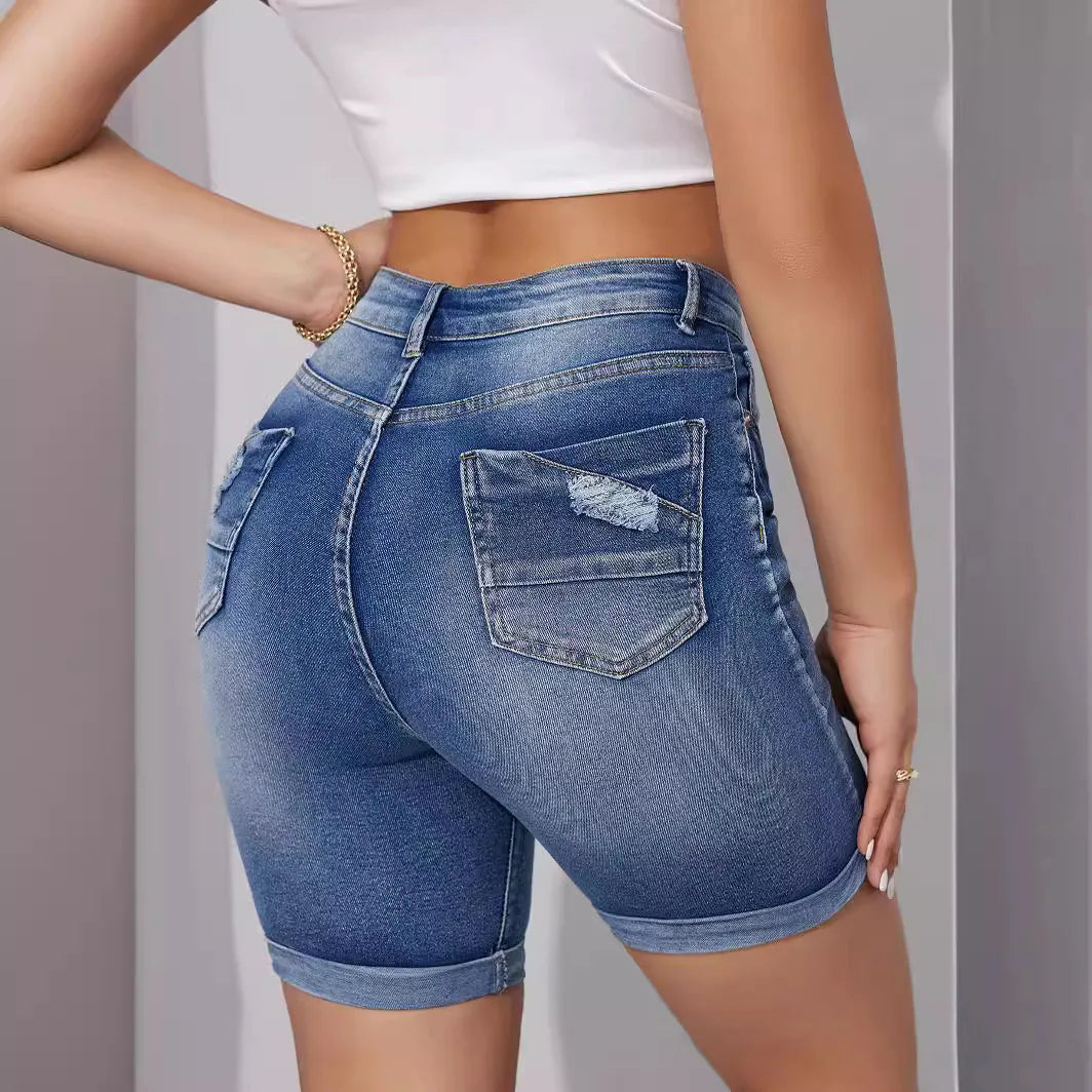 Europe and The United States New Fashion High-waisted Denim Shorts Women's Summer Stretch High-waisted Casual Straight Leg Jeans