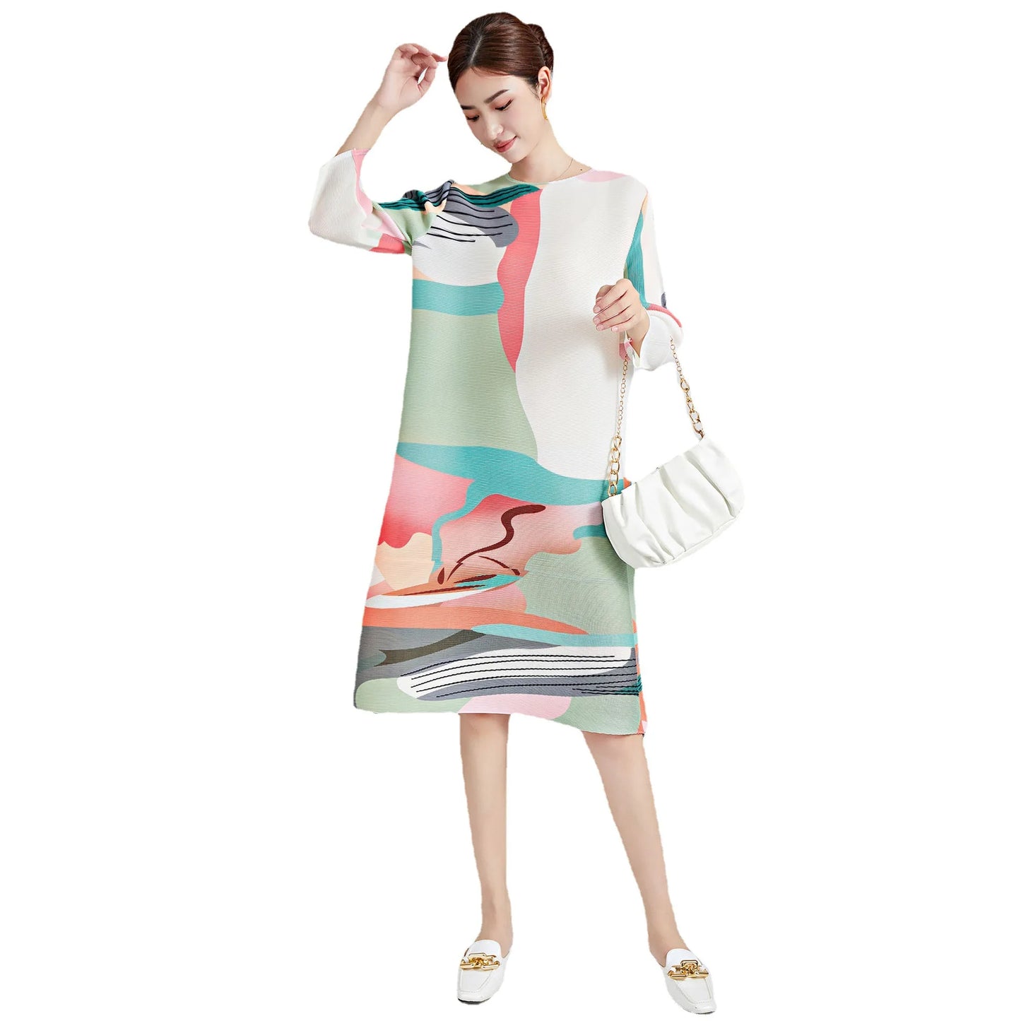 Fashion Pleated Dress Summer Women's Loose Multi Color Printed O-Neck Long Sleeve Mid Length Elegant Three House Dress