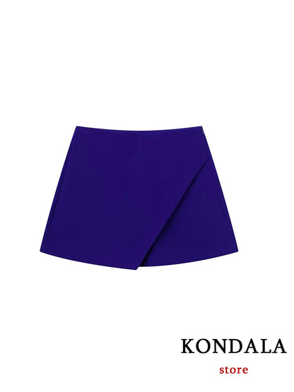 KONDALA Women Fashion 2025 Casual Mini Asymmetrical Skirts Shorts High Waist Back Pockets Wide Leg Skirts Zipper Female Shorts