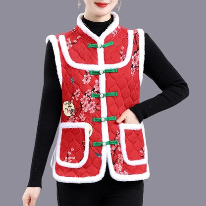 5XL Middle-aged Mother Vest Autumn Winter New Printed Fleece Vest Coat Female Sleeveless Jacket Grandma Thicken Warm Waistcoat