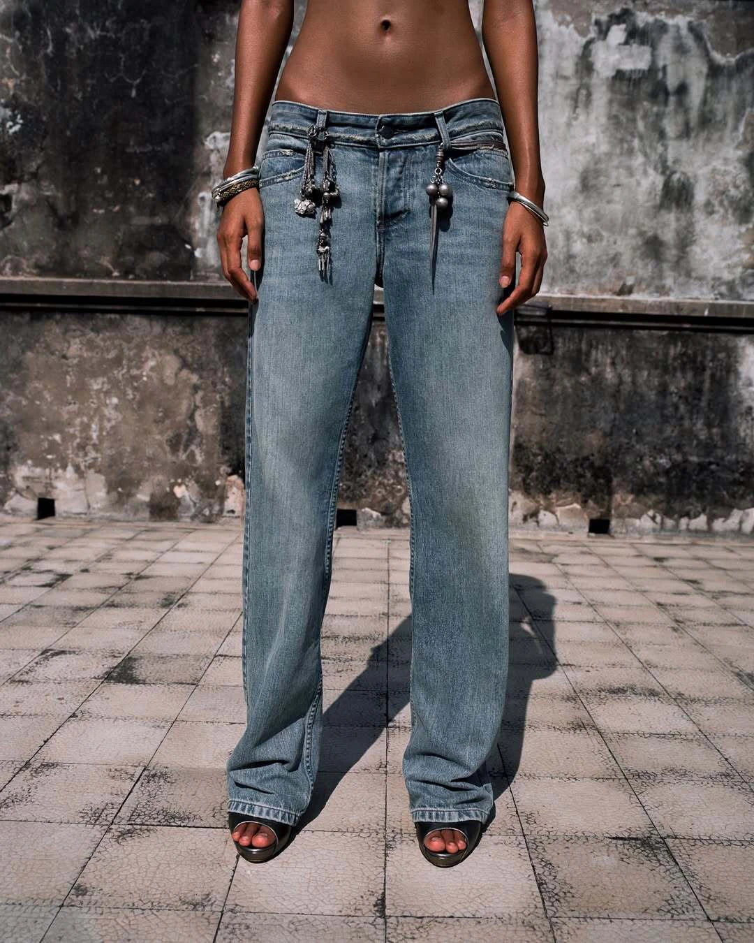 tank Vintage Blue Washed and Distressed Denim Jeans Low Waist Slim Fit Straight Leg Pants
