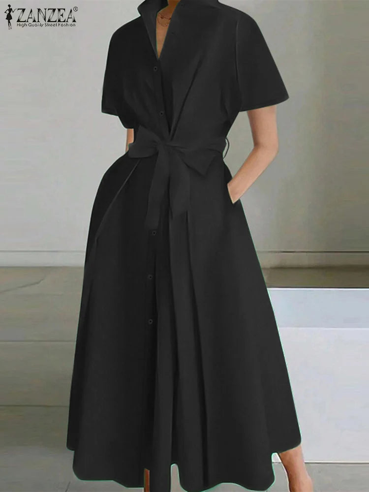 ZANZEA 2025 Summer Stylish Midi Dress Elegant Turn-down Collar Women Short Sleeve Vestidos Casual Streetwear Belted Shirt Dress