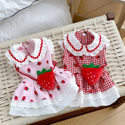 2025 New Puppy Clothes Dog Dress Plaid Maid Pet Costumes Red Pink Cat Strap Girl Female Pet Skirt Lace Summer Spring Puppy Wear