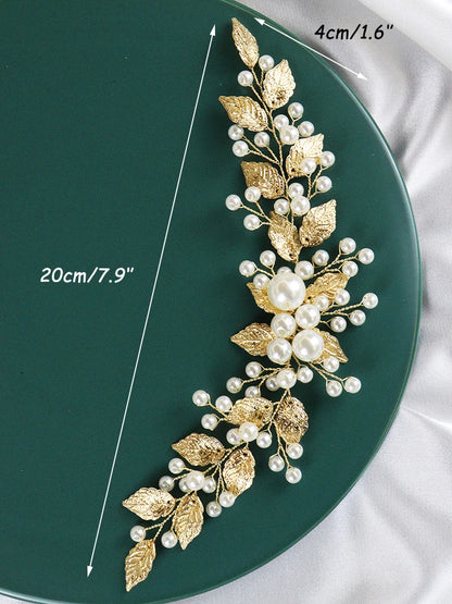 Golden Leaf Pearls Headband Handmade Bride Headdress Vintage 90s Elegant Women Headpieces for Party Wedding Hair Accessories