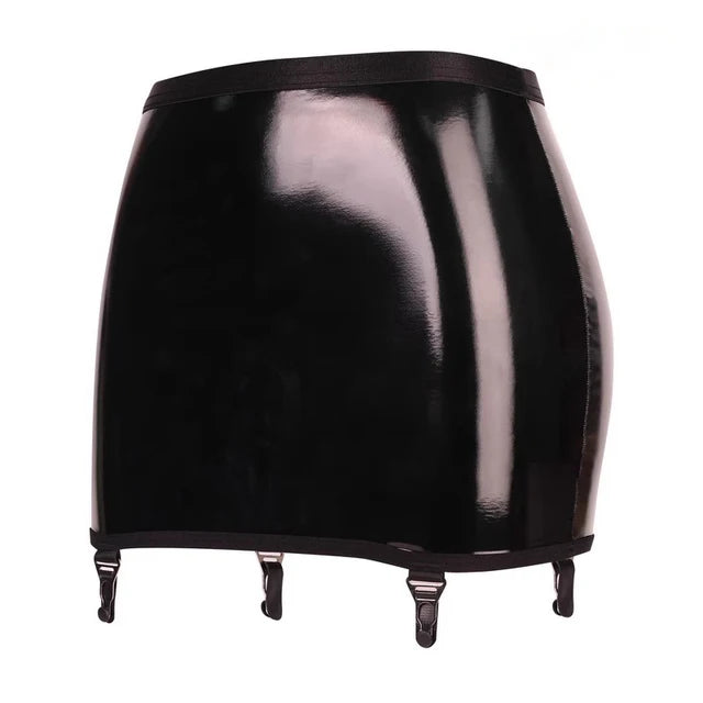 Sexy Women Oil Shiny Hip Wrap Mini Skirt With Metal Buckle Garters Belt For Stockings Female Erotic Faux Leather Clubwear