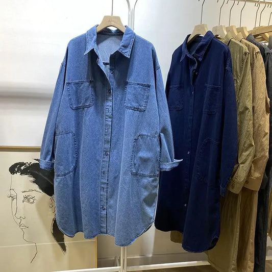 Polo Collar Mid-length Denim Jacket for Women Spring and Autumn Loose Shirt Long Sleeve Top
