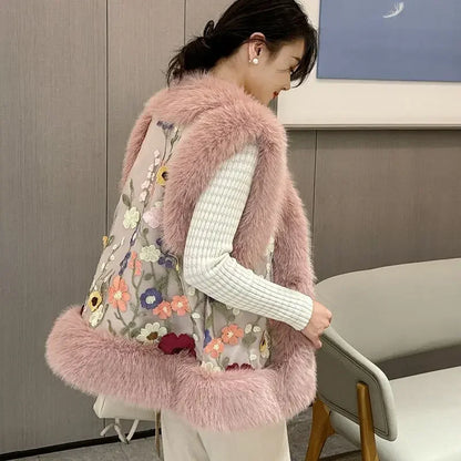 Woman vest autumn winter slimming Waistcoat Hairy Edge vest Floral embroidered shoulders Thickened vest Parkas Cardigan Tops