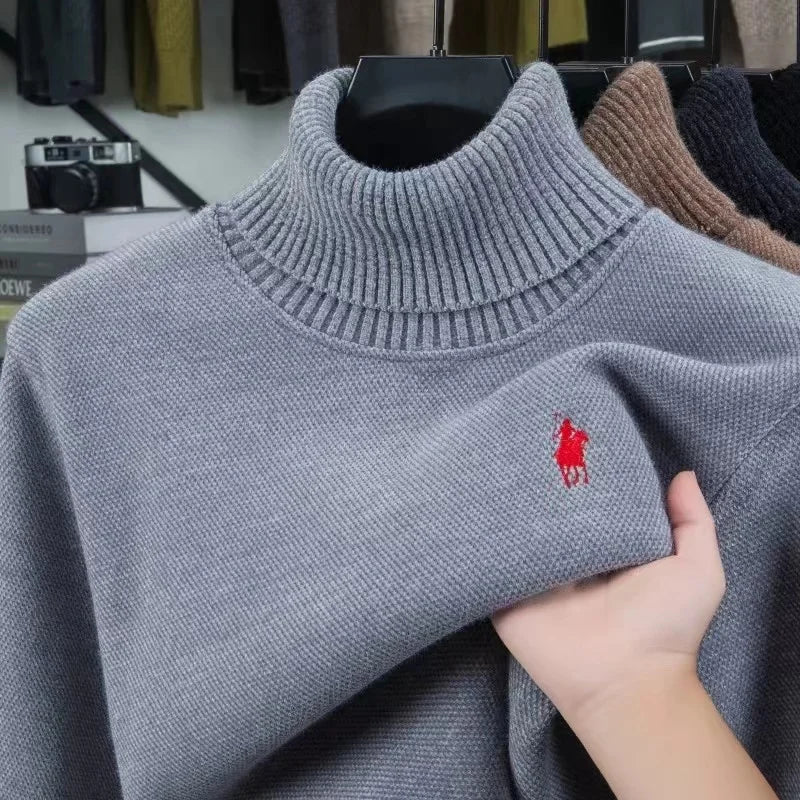 High end brand velvet sweater men's new fashion designer exquisite pony golf embroidery winter warm high neck knitted pullover