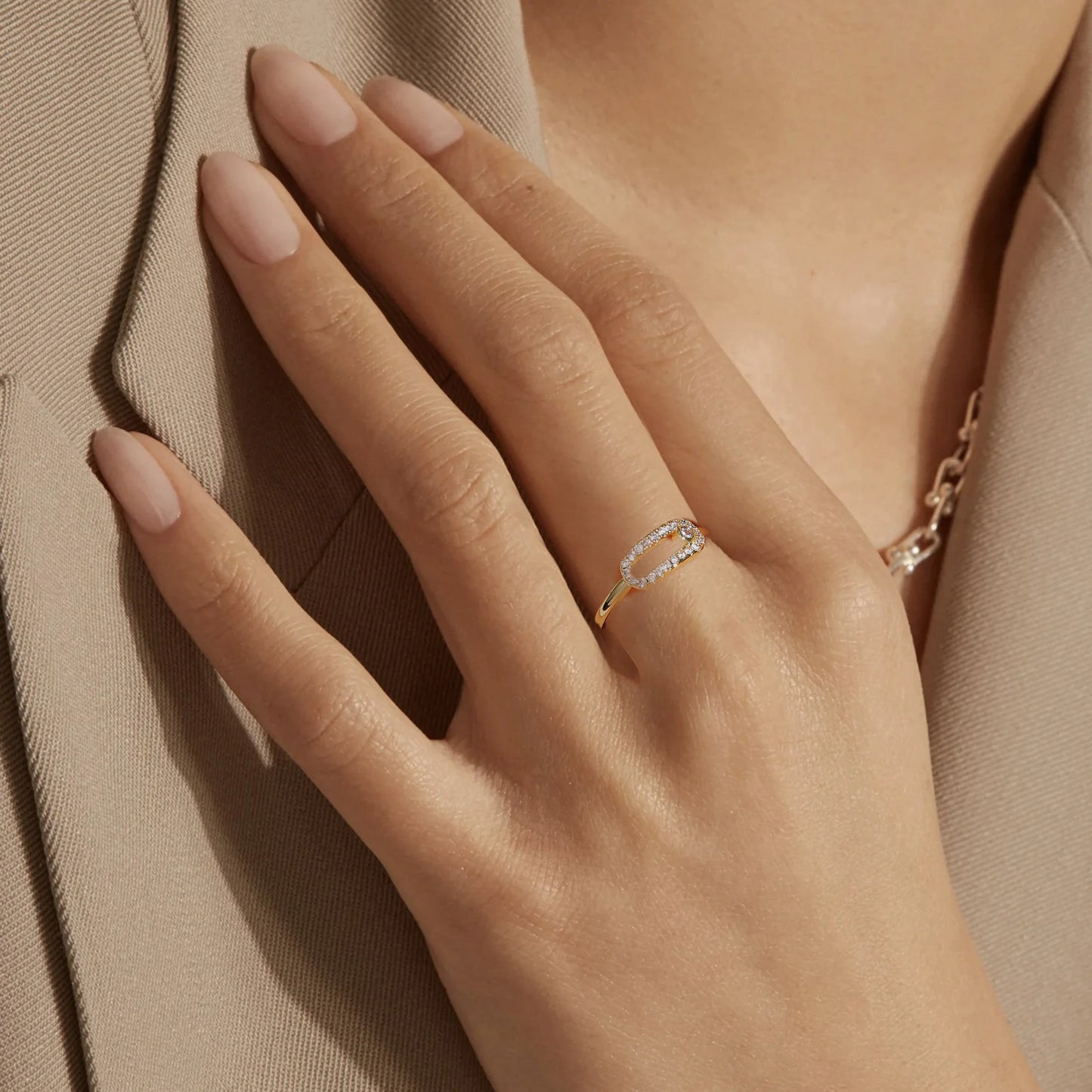 Golden Plated Open Adjustable Ring with Synthetic Zircon Paperclip Charm for Women Minimalist Trendy Statement Jewelry Gift