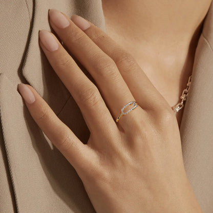 Golden Plated Open Adjustable Ring with Synthetic Zircon Paperclip Charm for Women Minimalist Trendy Statement Jewelry Gift