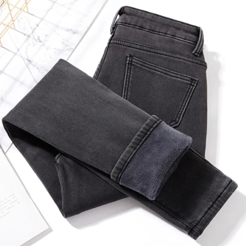 Thiened Fce High Waist Women's Jeans Elastic Stretchy Long Pants Winter Wear High Waist Cotton Stretch Denim Trousers