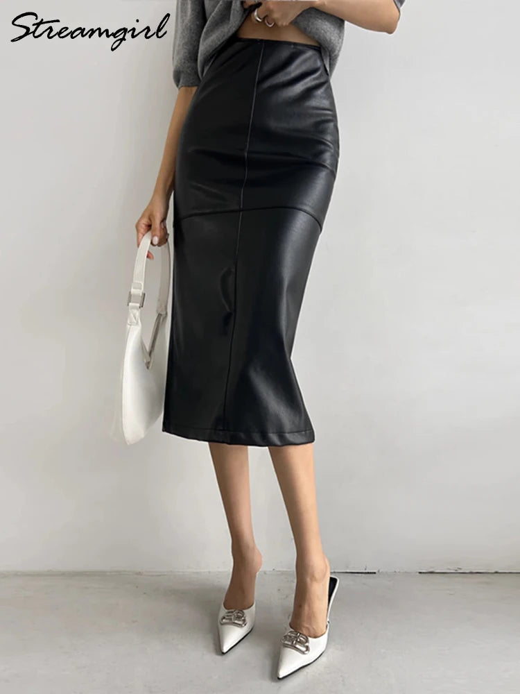 Beige Leather Skirts Midi Women Office Autumn Winter Straight PU Bodycon Skirts Ladies High Waist Slit Leather Skirts For Women