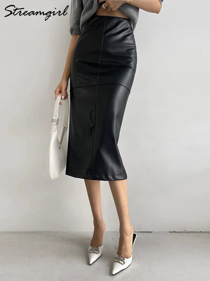 Beige Leather Skirts Midi Women Office Autumn Winter Straight PU Bodycon Skirts Ladies High Waist Slit Leather Skirts For Women