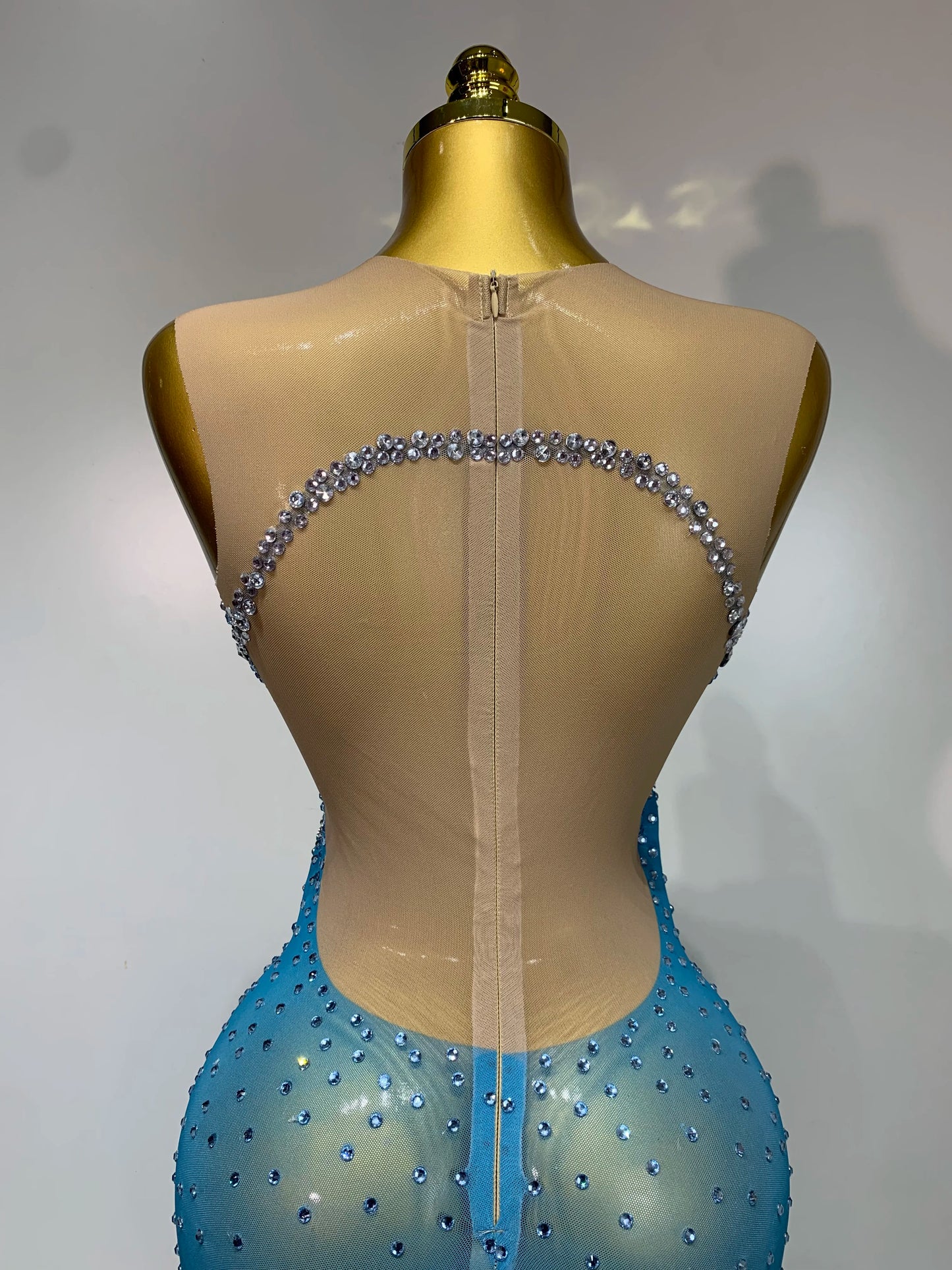 Women Sexy Evening Party Gowns Sparkly Diamonds See Through Mesh Stretch Asymmetrical Dress Celebrity Elegant Singer Outfit