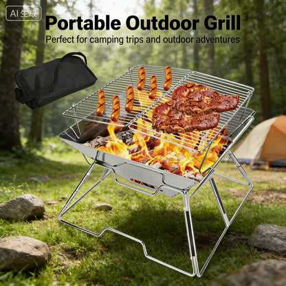Portable Stainless Steel Foldable BBQ Grill, 1-2 People Charcoal Stove for Camping Picnic & Outdoor