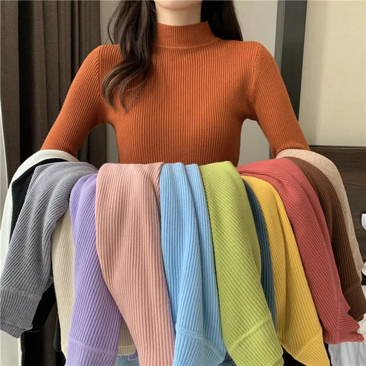 2026 Autumn Basic Bottoming Sweater Top Women Ribbed Soft Mock Neck Elastic Pullover Warm Solid Color Slim Jumper