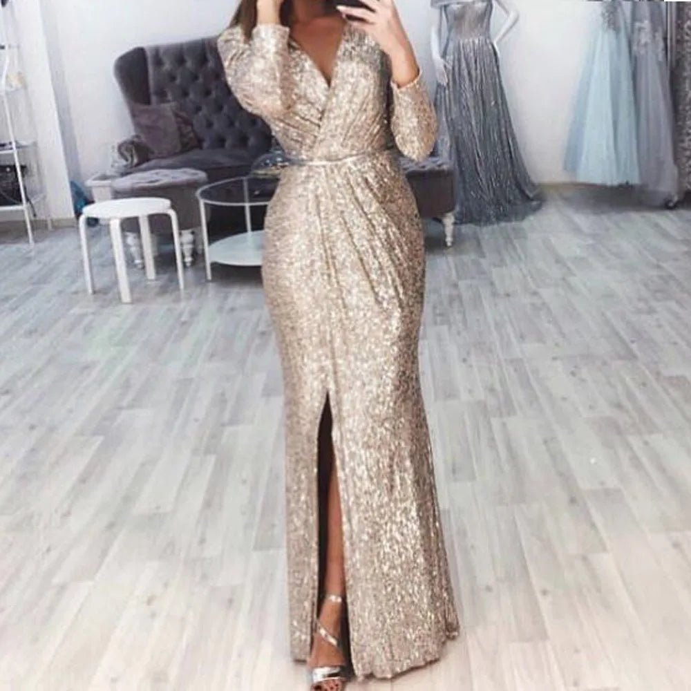 Women's Sequin High Slit Party Dresses Ruched Evening Glitter Dress Deep V Neck Long Sleeve Vestidos 2025 Autumn Female New Robe