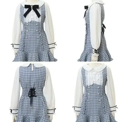 Liz Japanese Mine Mass-Produced Sweet Girl Double-breasted Dress Classic Style Bow Grid Slim Long Sleeve Tweed Dress for Women