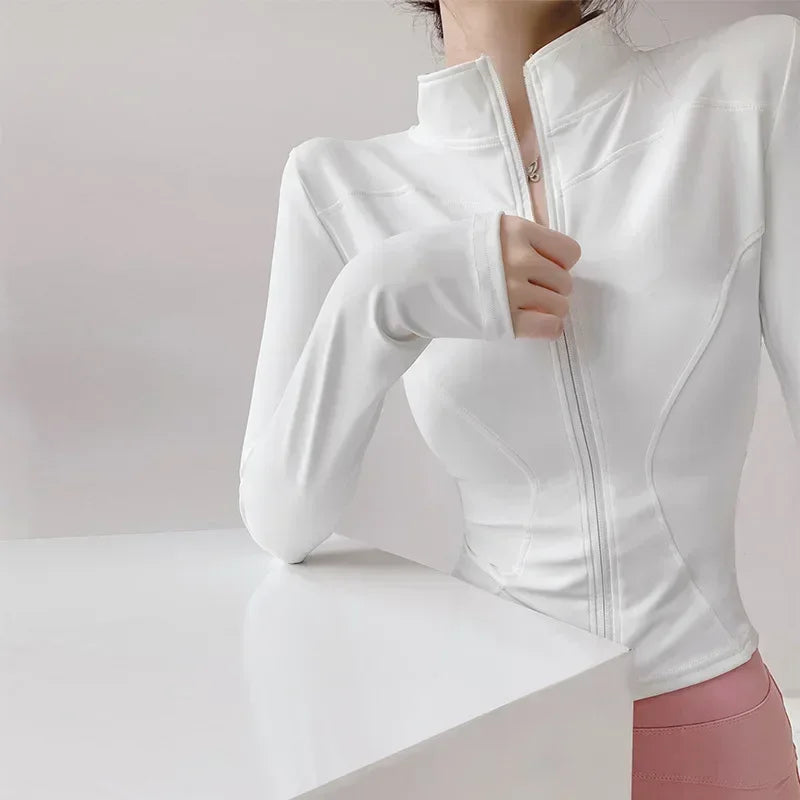S-3XL Women's Fitness Jackets Yoga Coat with Zipper Slim Running Wear Stretch Gym Crop Top Lightweight Sports Outerwear Hoodless