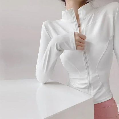 S-3XL Women's Fitness Jackets Yoga Coat with Zipper Slim Running Wear Stretch Gym Crop Top Lightweight Sports Outerwear Hoodless