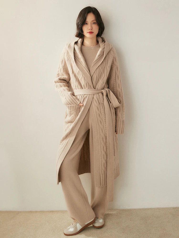 Luxury Women's Autumn Winter 100% Cashmere Sweater Knit Cardigan Thicked Hooded Casual Style Raglan Sleeves Knitted Lace Up Coat