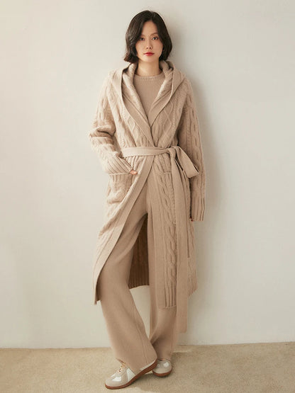 Luxury Women's Autumn Winter 100% Cashmere Sweater Knit Cardigan Thicked Hooded Casual Style Raglan Sleeves Knitted Lace Up Coat