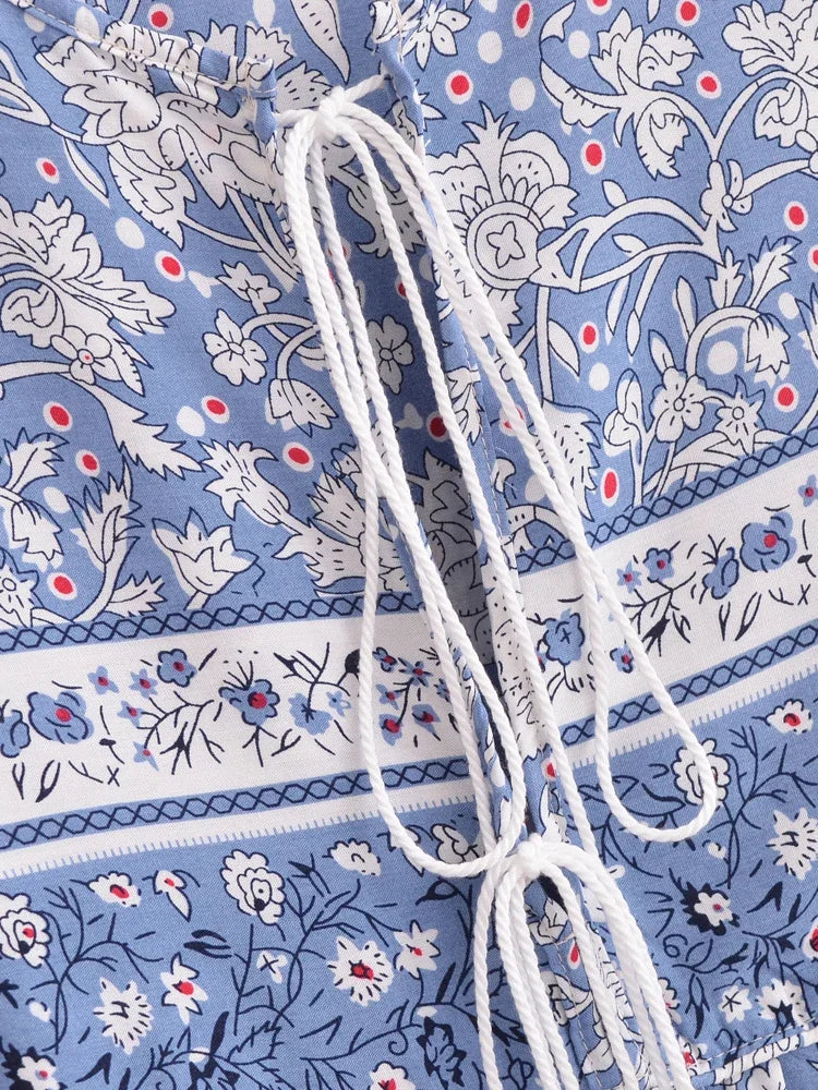 Vintage Chic Women Floral Porcelain Print Long Sleeve Beach Bohemian Mini Dresses Ladies Rayon Cotton Tie Neck Boho Dress