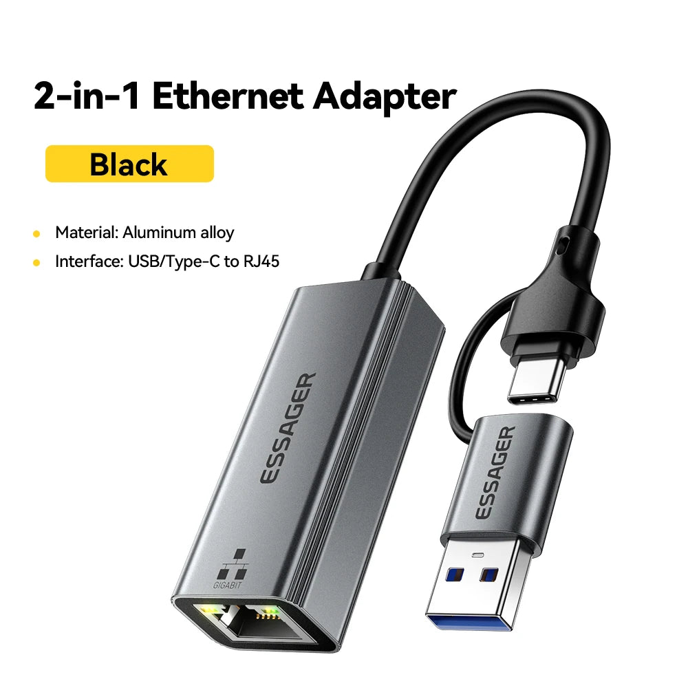 Essager 2-in-1 Ethernet Adapter USB-A/Type-C to RJ45 Network Card 1000Mbps Ethernet Gigabit Adapter Lan Card for MacBook Laptop