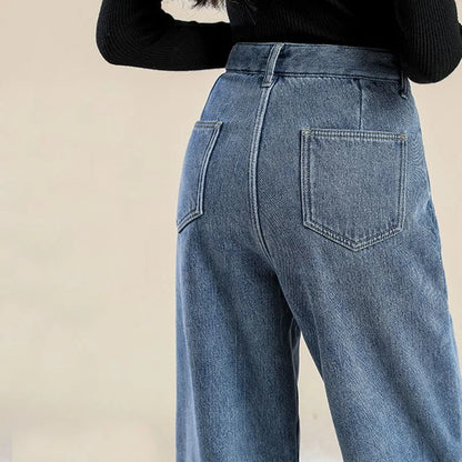 Winter Lady Solid Plush Thermal High Waist Jeans Girls Snow Warm Fleece Denim Pants Women Baggy Straight Leg Casual Trousers