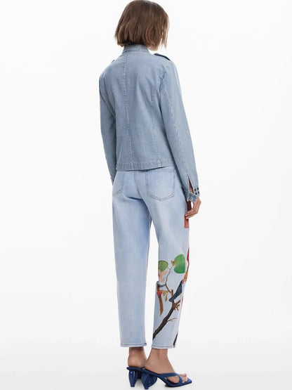 European, American, Spanish original single women's jeans, contrasting color print, elastic casual designer style cropped pants