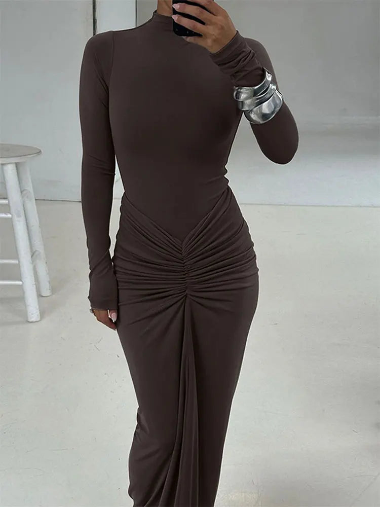 Sexy Red Dresses Women Autumn New Streetwear Fashion Folds O-Neck Long Sleeves Casual Slim Maxi Dress Elegant Lady Knitted Dress