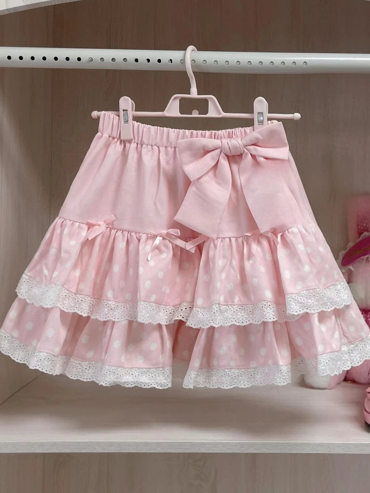 Japanese Kawaii Lolita Mini Skirt Women Cartoon Print Jupe Faldas Mujer De Moda A-line Pleated Skirt Patchwork Lace Cake Skirt
