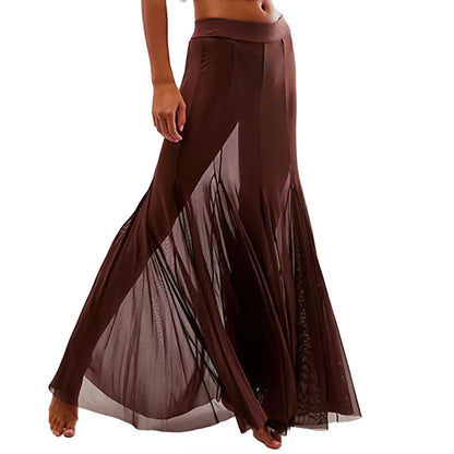 Sexy See Through Sheer Mesh Long Skirts Elastic High Waist Ruffle Hem Flowy Skirts Party A-line Midi Skirts Women Casual Clothes