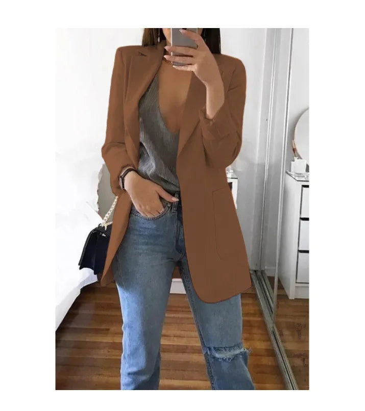 Autumn And Winter Women's Fashion Solid Color Polo Neck Slim Fit Coat Elegant Women's Long Sleeve Pocket Casual Suit Coat S-3XL