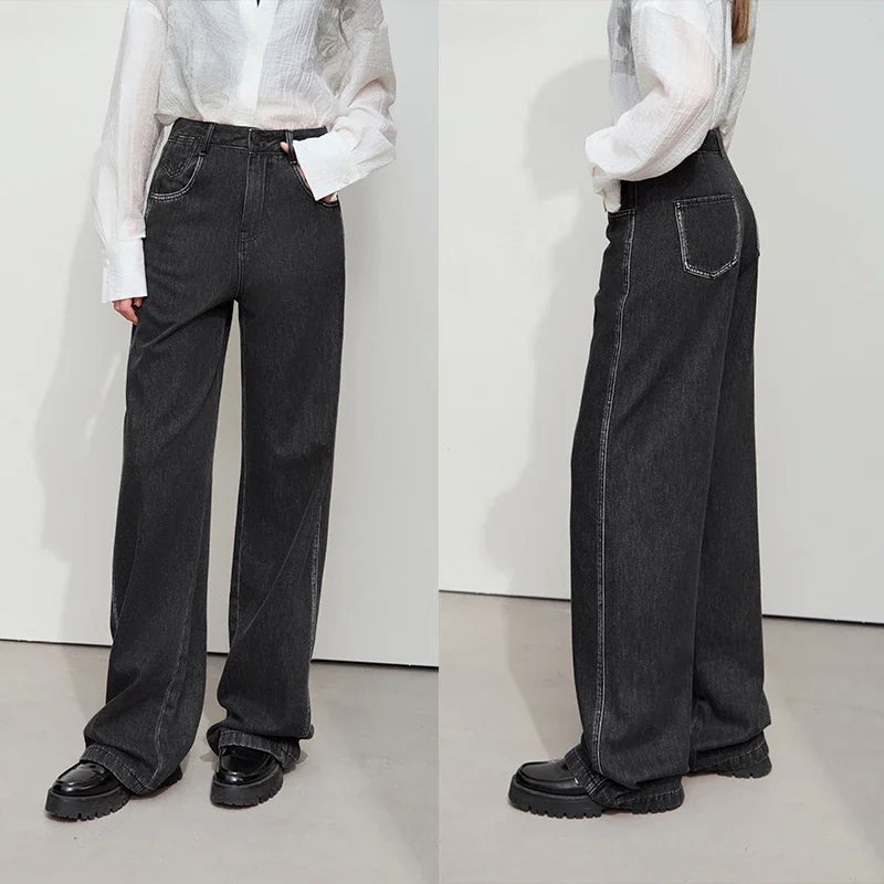 Amii Minimalist Solid Casual Lazy Loose Cotton Drape Wide-leg Pants 2025 Spring New Distressed Black Denim Trousers 12551019