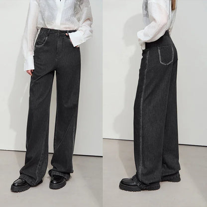 Amii Minimalist Solid Casual Lazy Loose Cotton Drape Wide-leg Pants 2025 Spring New Distressed Black Denim Trousers 12551019