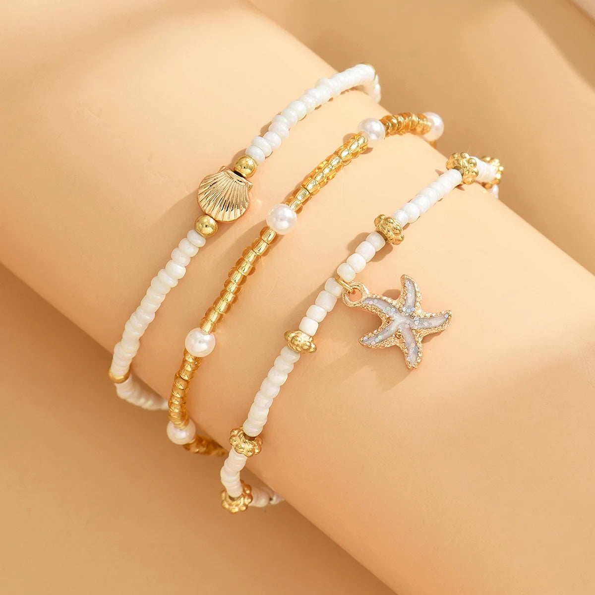 3PCS Set Beach Anklet for Women Bohemian Starfish Shell Glass Beaded Gold Silver Adjustable Summer Vacation Jewelry