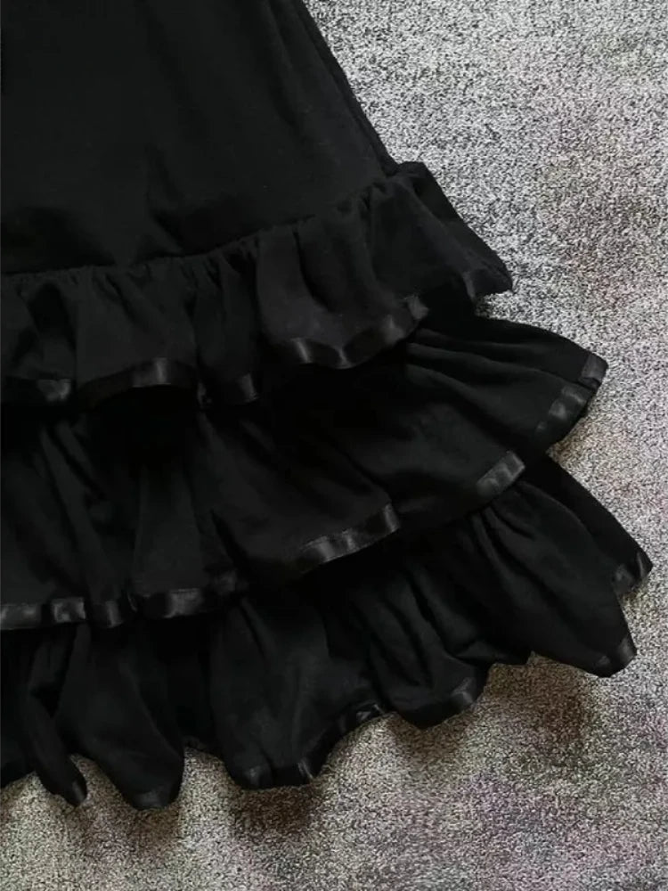 Y2K Japanese E-girl Gothic Vintage Half High Neck Short Sleeved Bow Lace Dress Cinched Waist Cool Girl Black Streetwear Dress